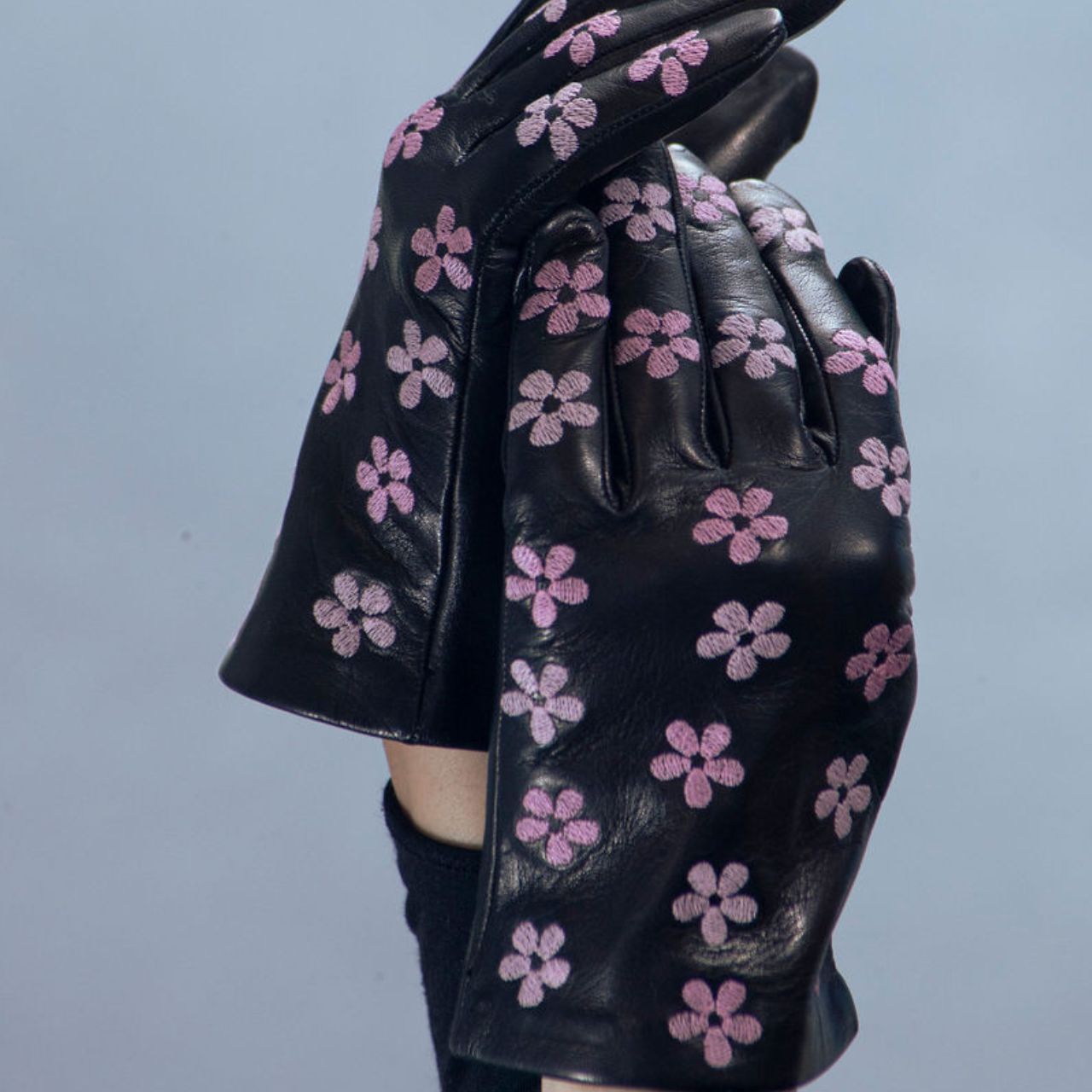 Leather Gloves with Pink Embroidered Flowers