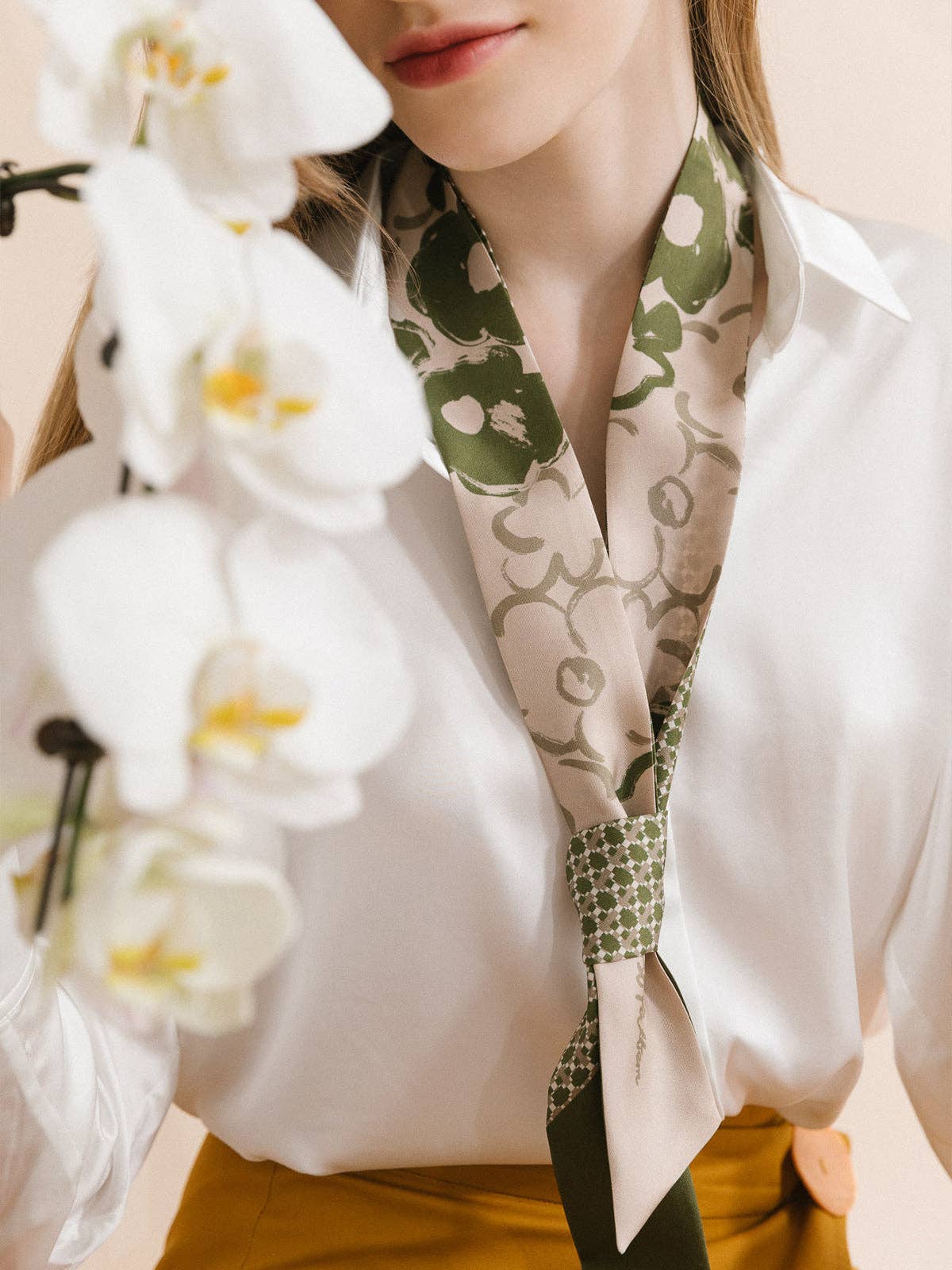 "Floral Houndstooth" Silk Twill Skinny Scarf
