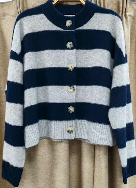 NINA CASHMERE STRIPED CREW NECK CARDIGAN