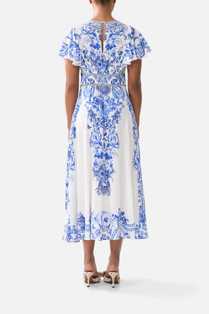 WAISTED MIDI DRESS WITH FLUTTER SLEEVE