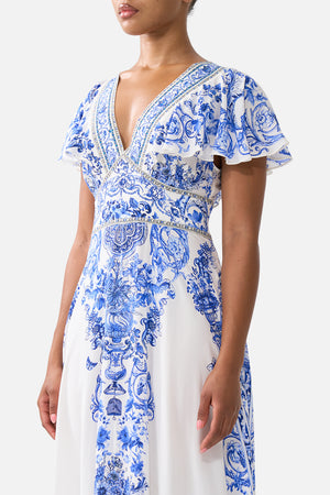 WAISTED MIDI DRESS WITH FLUTTER SLEEVE