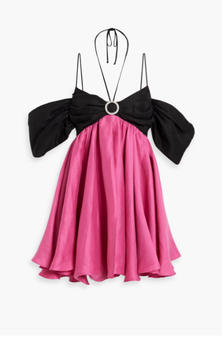 Cold-Should Embellished Two-Tone Linen-Blend Mini Dress