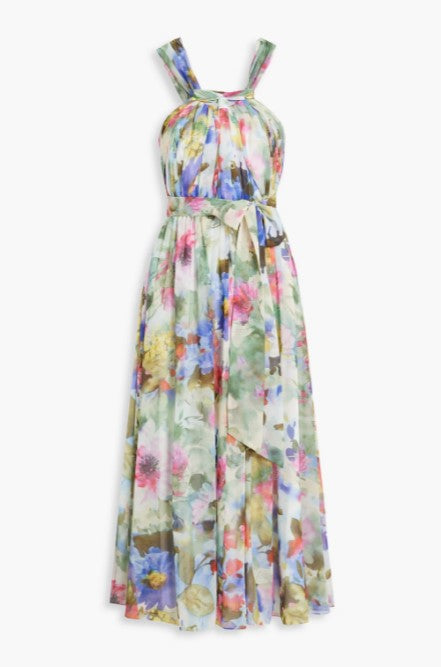 Gathered Floral-print Chiffon Midi Dress