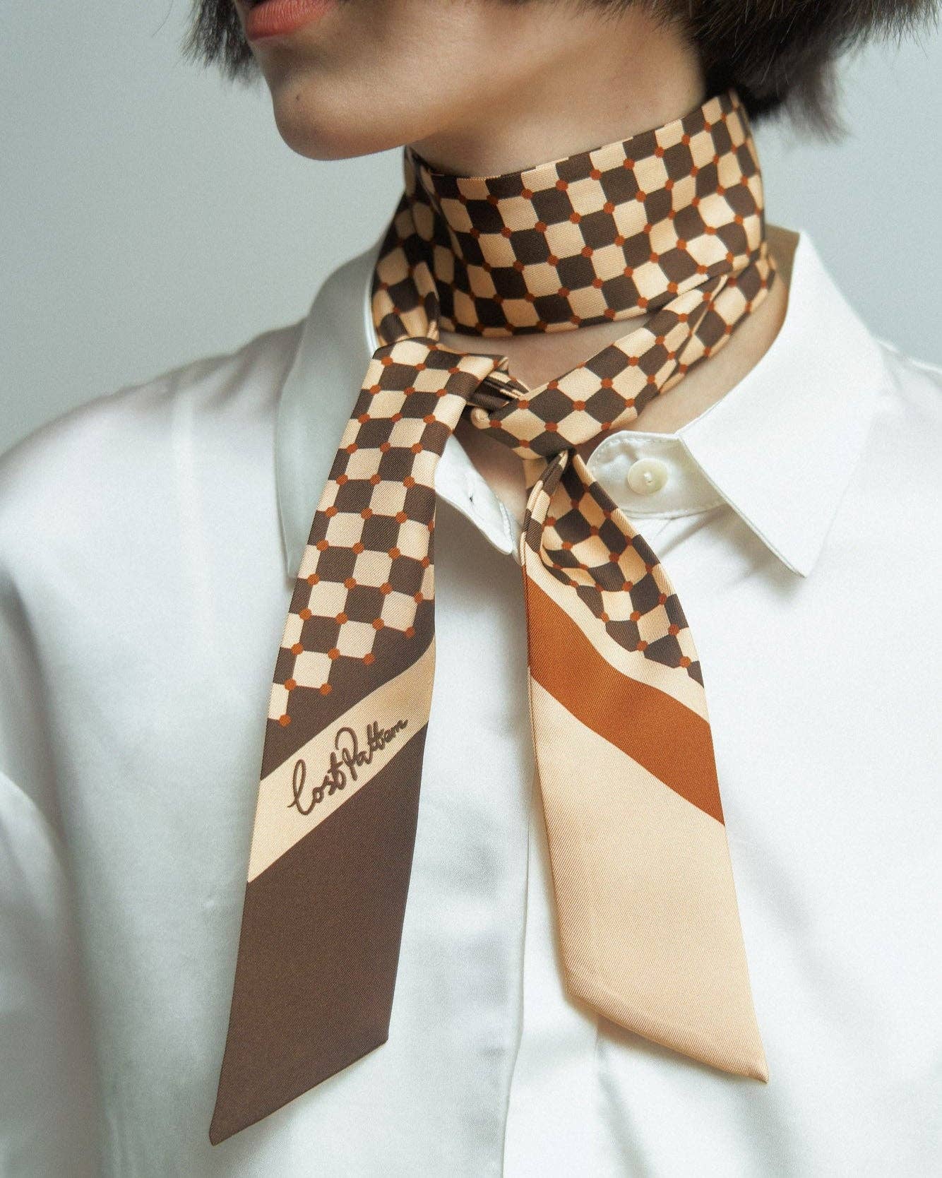 "Checkerboard" Silk Twill Skinny Scarf