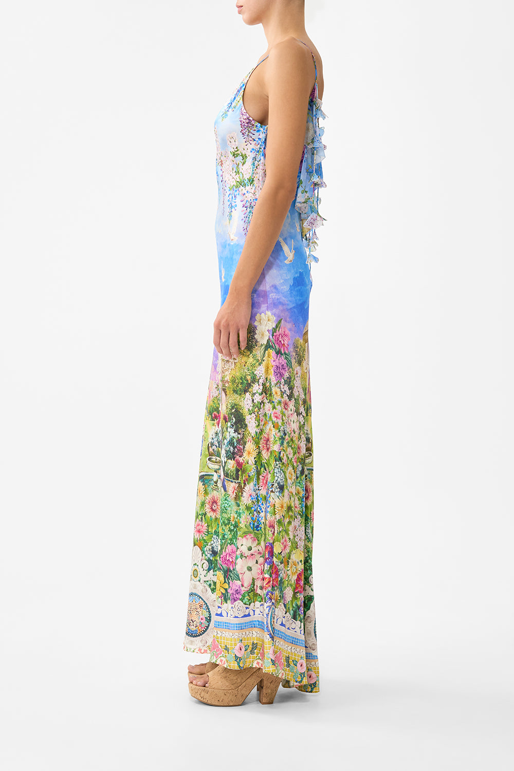 V NECK BIAS SLIP DRESS WITH BACK FRILL