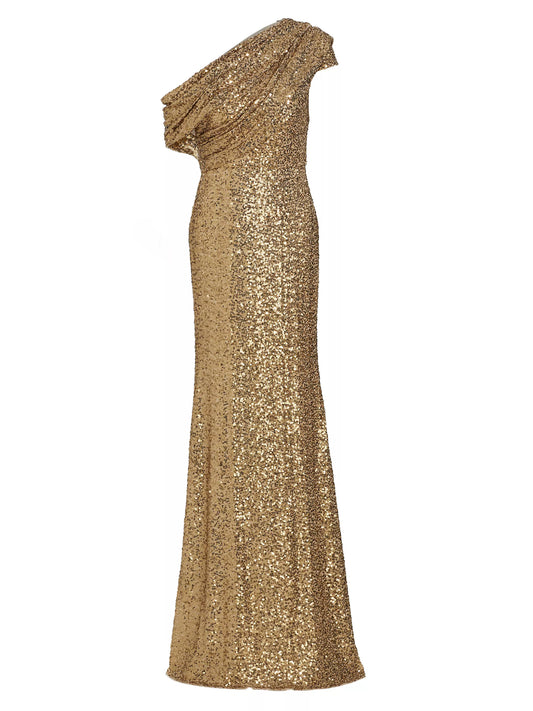 One-Shoulder Draped Sequined Tulle Gown