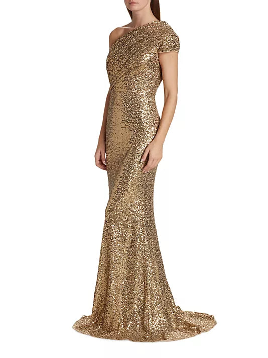 One-Shoulder Draped Sequined Tulle Gown