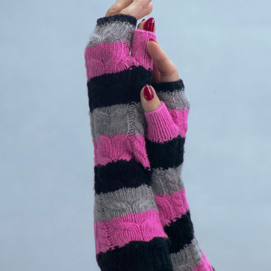 3-Color Stripe Cashmere Fingerless Gloves