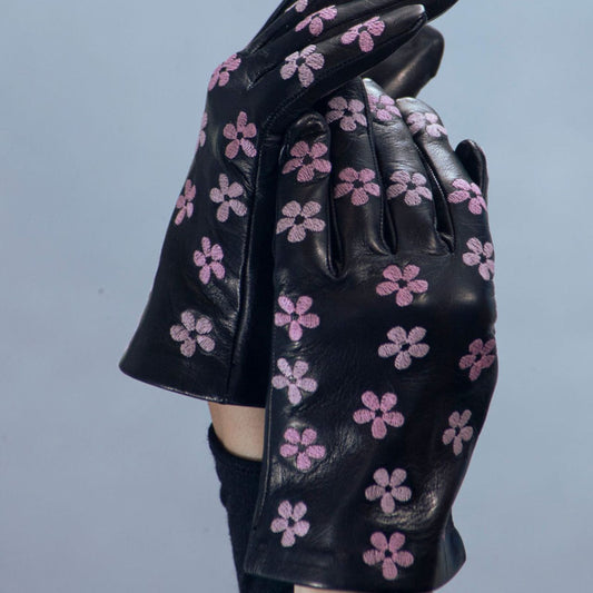 Leather Gloves with Pink Embroidered Flowers