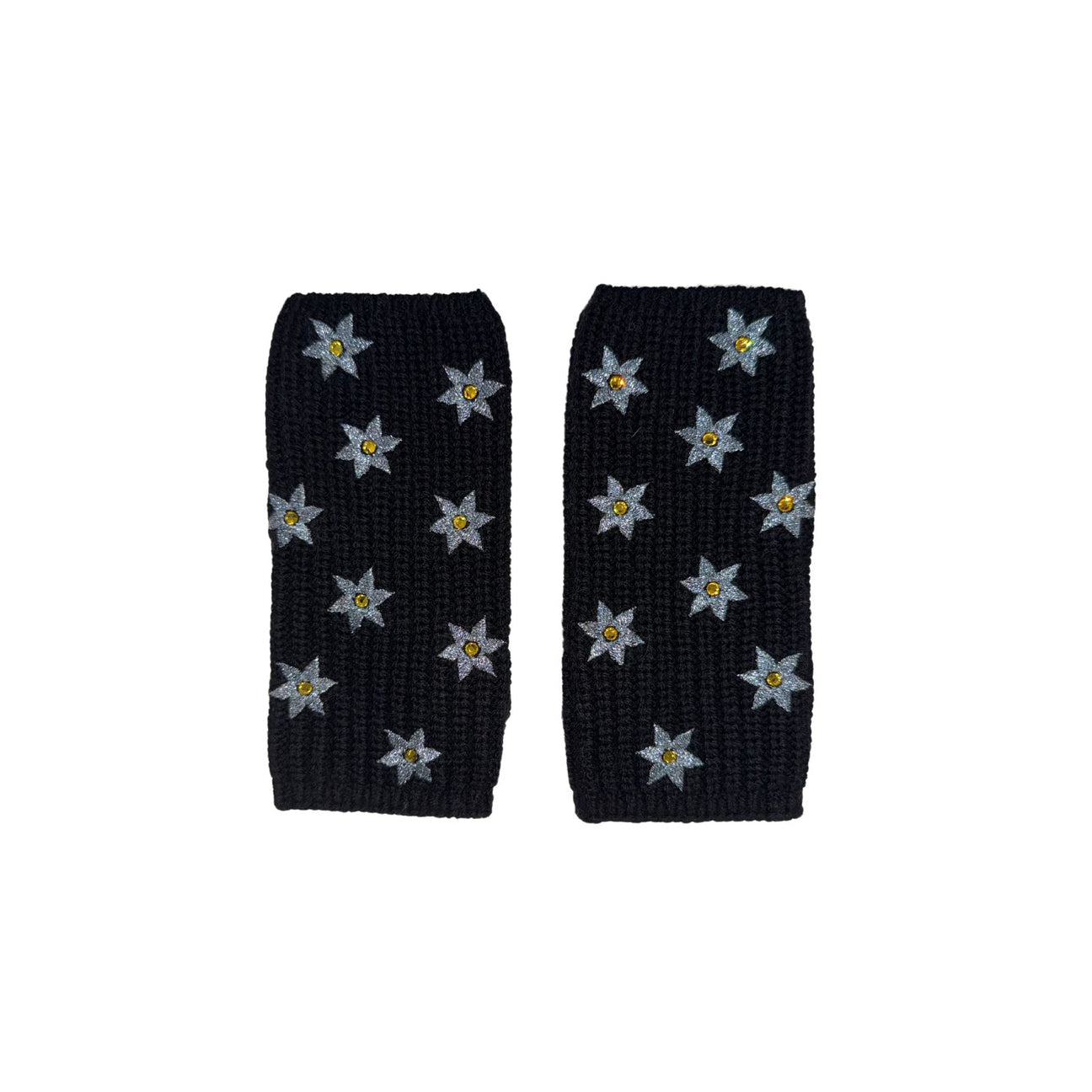 Short Fingerless Merino Gloves with Flowers & Crystal Center