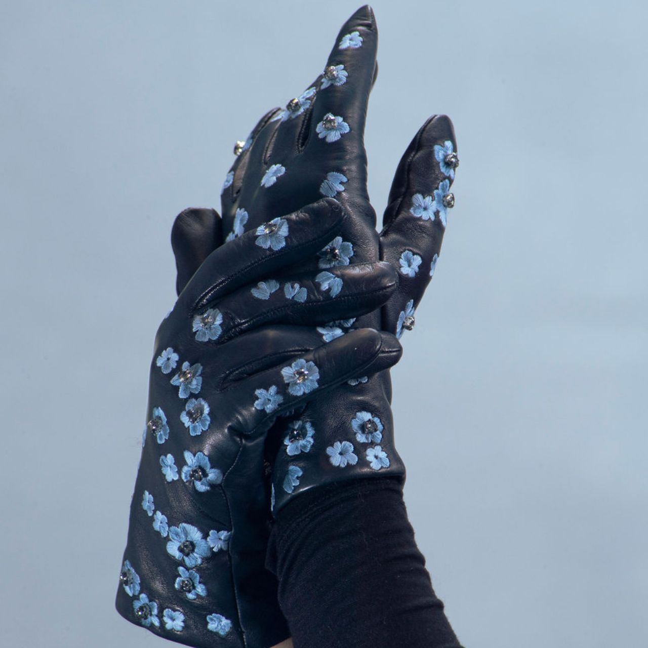 Leather Gloves with Blue Embroidered Flowers & Center Stones