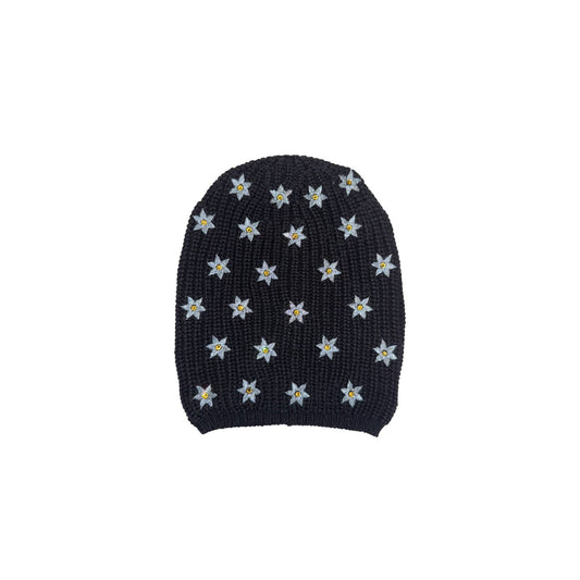 Merino Ribbed Beanie with Embroidered Flowers & Stones