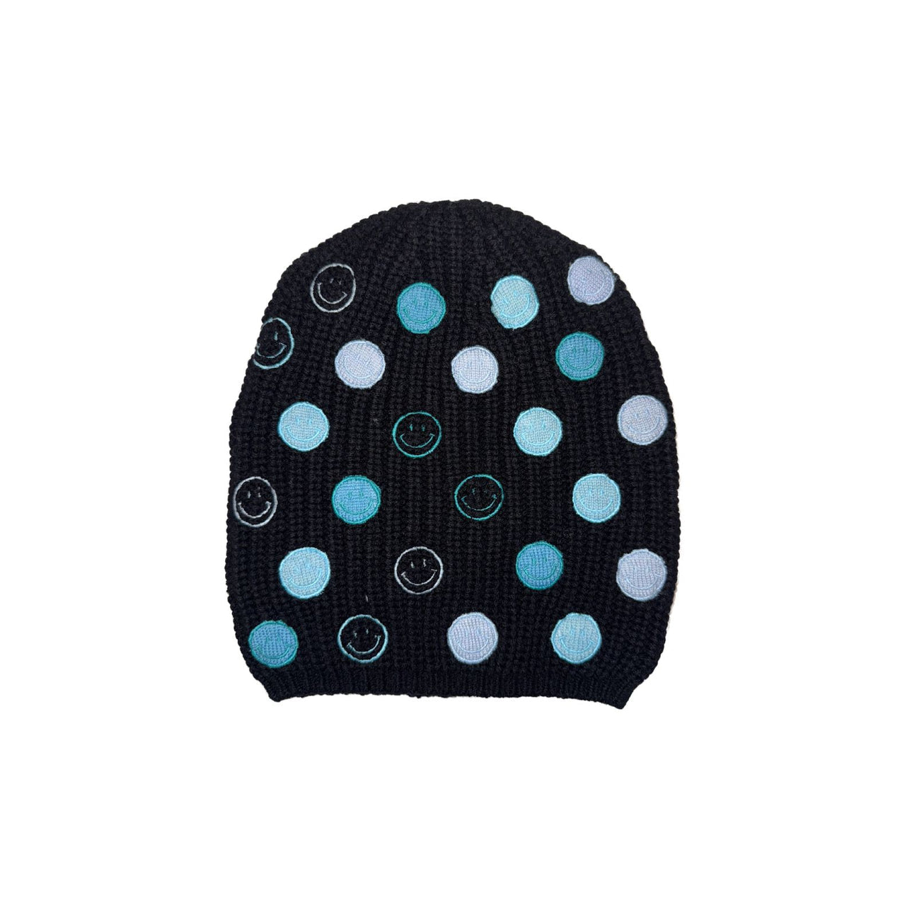Merino Ribbed Beanie with Embroidered Smiley Faces