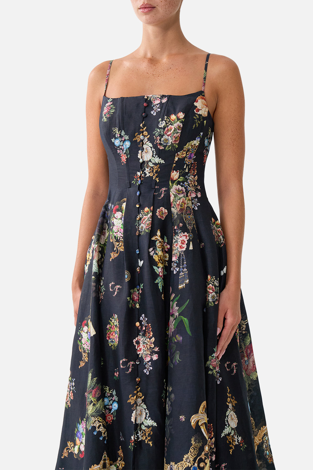 CORSET DRESS WITH LONG FLARED SKIRT