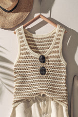 Stripe Crochet Knit Tank Top - taupe