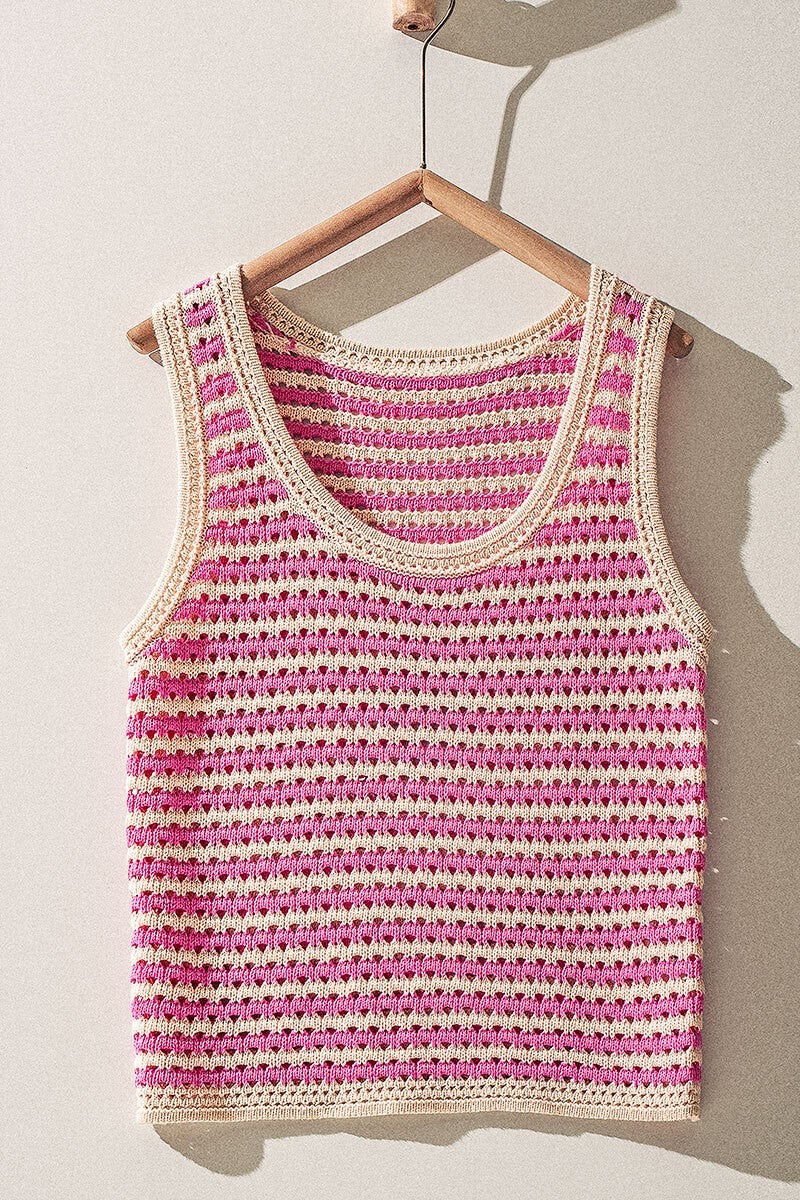 Stripe Crochet Knit Tank Top - pink