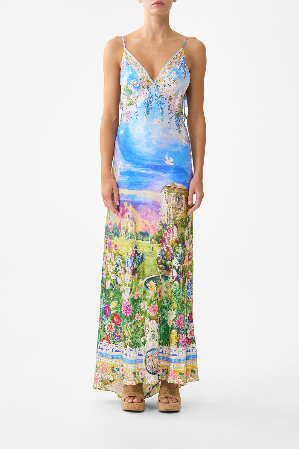 V NECK BIAS SLIP DRESS WITH BACK FRILL