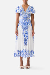 WAISTED MIDI DRESS WITH FLUTTER SLEEVE