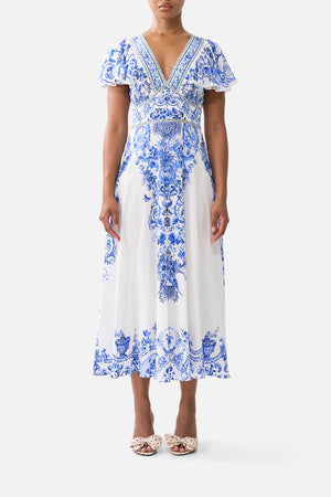 WAISTED MIDI DRESS WITH FLUTTER SLEEVE