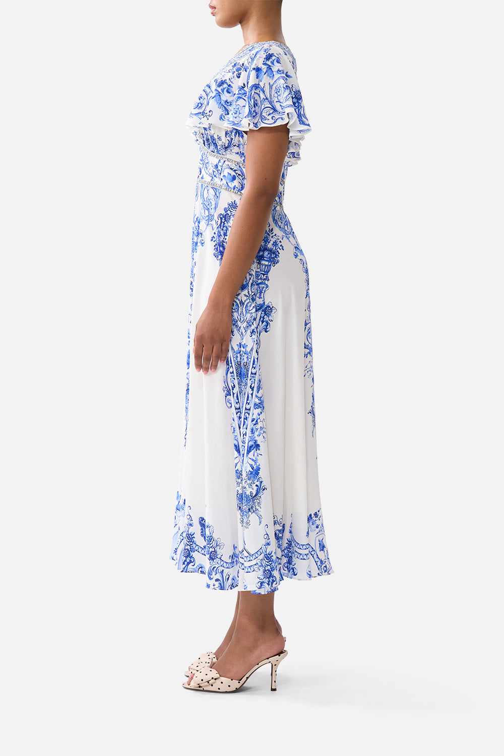 WAISTED MIDI DRESS WITH FLUTTER SLEEVE