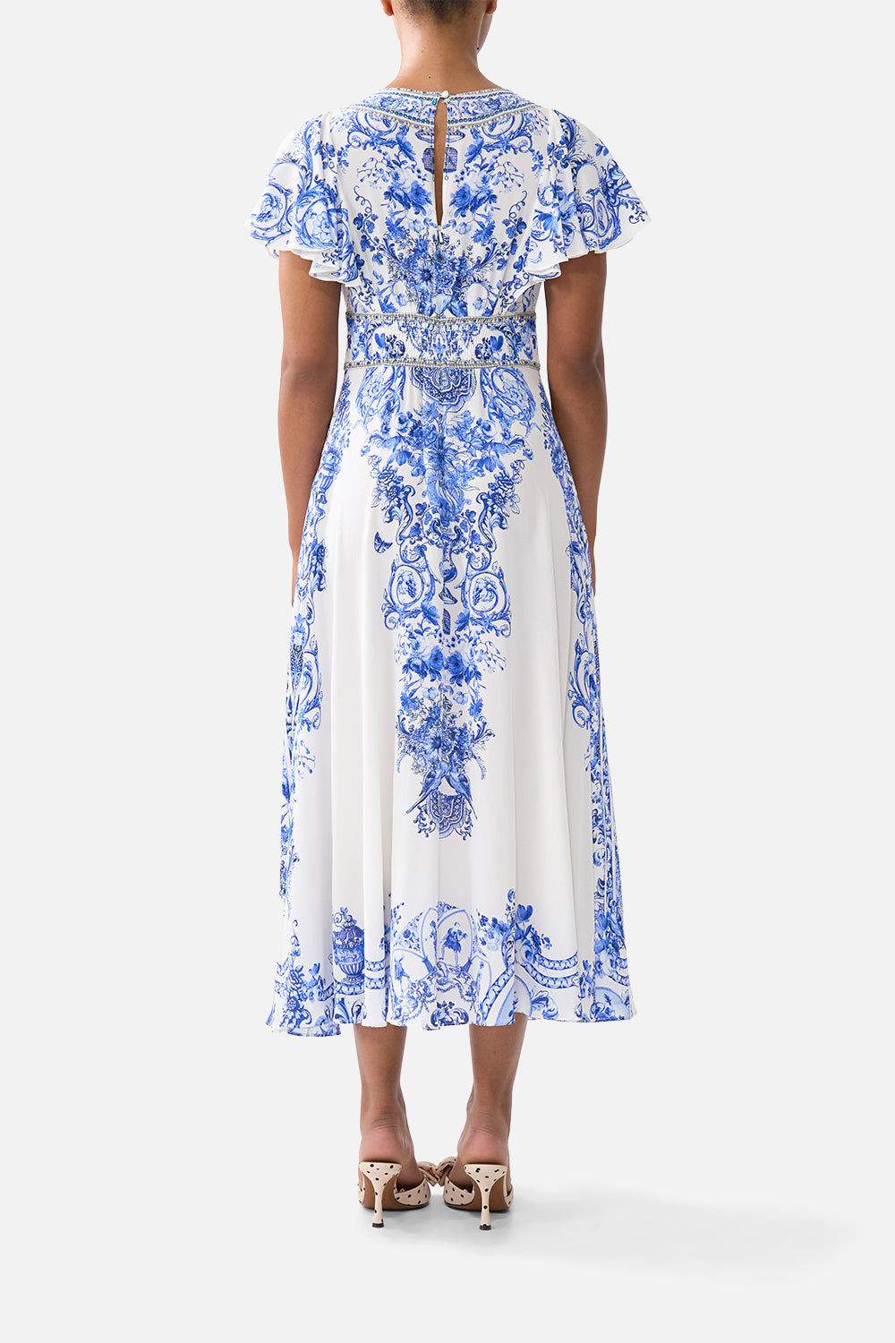WAISTED MIDI DRESS WITH FLUTTER SLEEVE