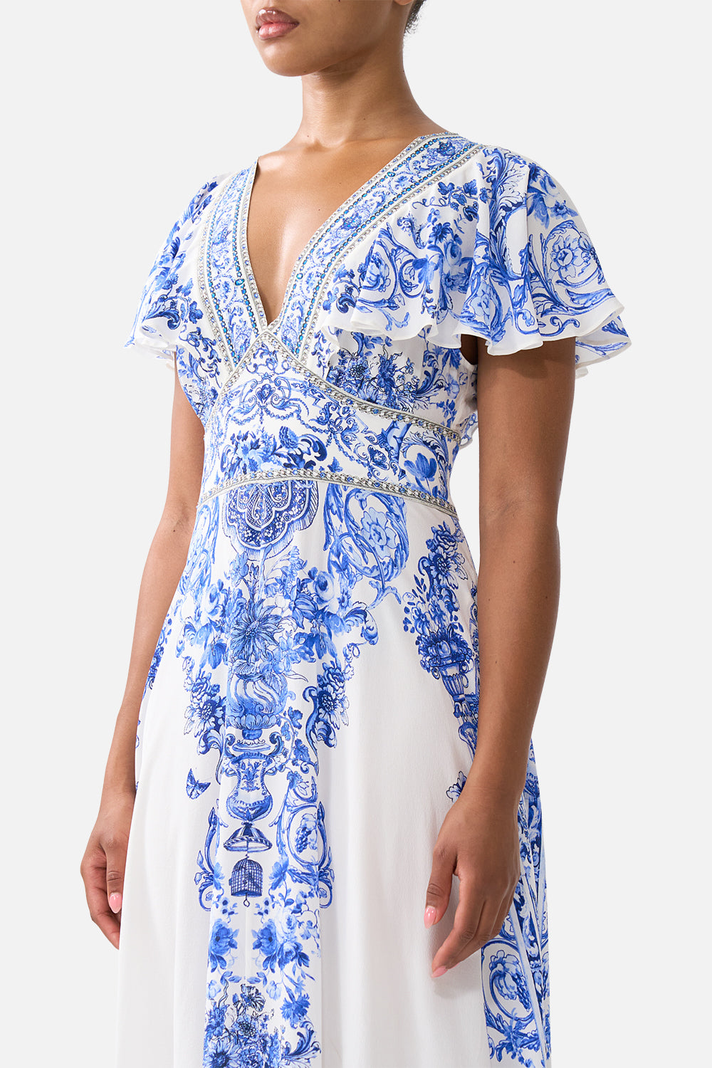 WAISTED MIDI DRESS WITH FLUTTER SLEEVE