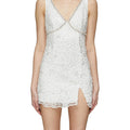 White Beaded Sequin V-Neck Mini Dress