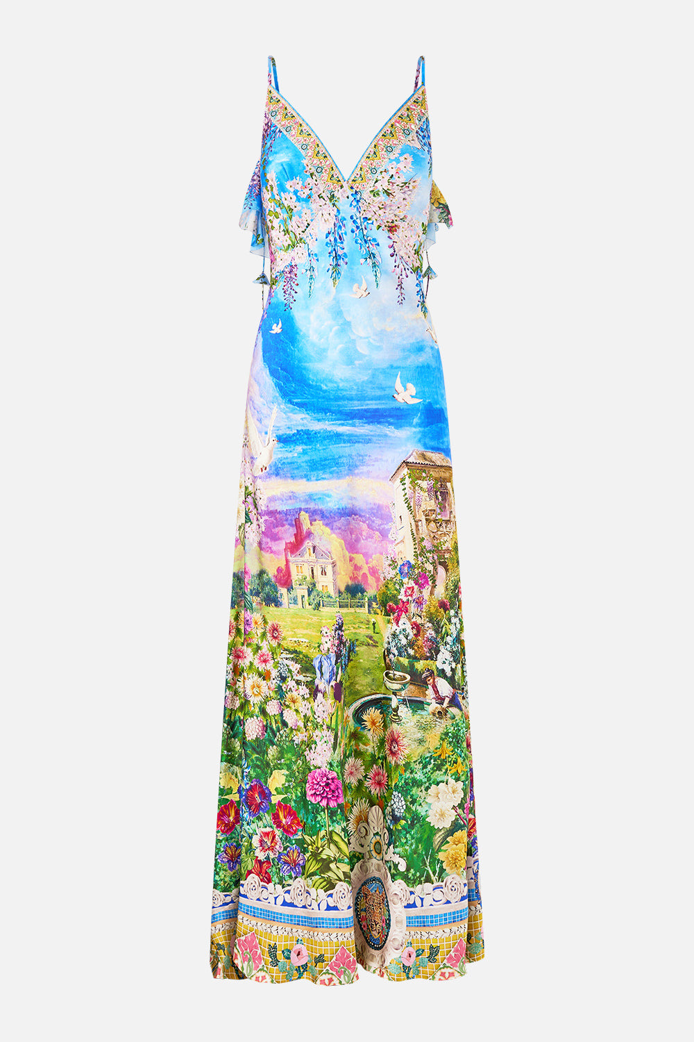 V NECK BIAS SLIP DRESS WITH BACK FRILL