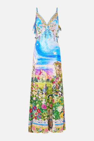 V NECK BIAS SLIP DRESS WITH BACK FRILL