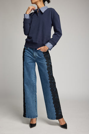 HALLIE POPLIN SHIRT COMBO SWEATSHIRT
