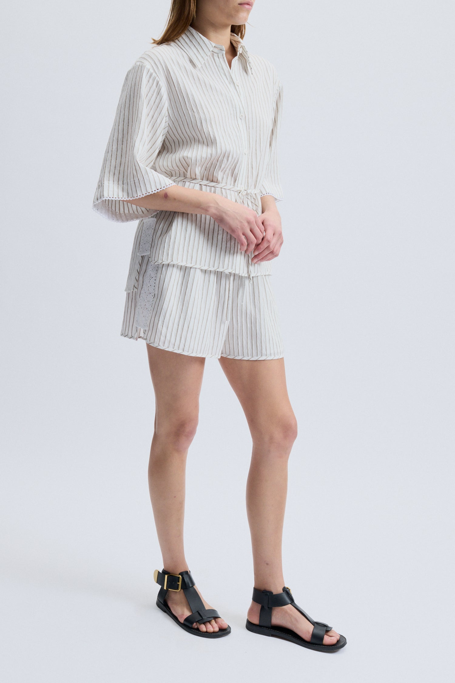 Kos Short Sleeve Striped Top, White/Khaki