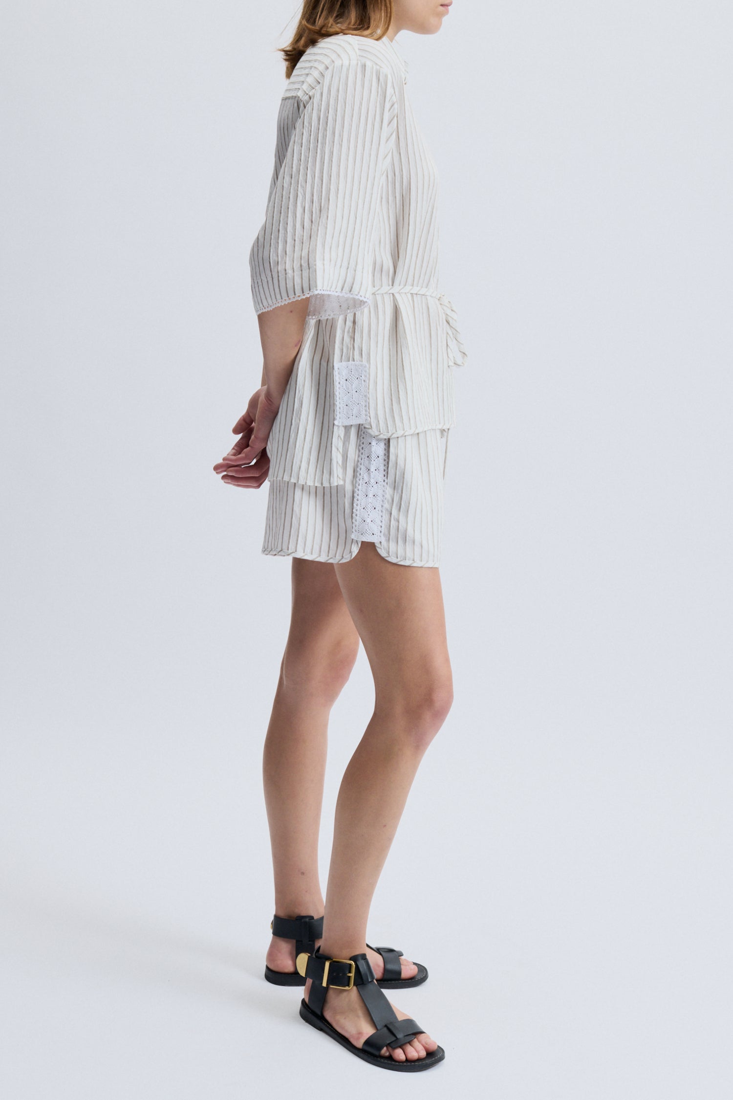 Kos Short Sleeve Striped Top, White/Khaki