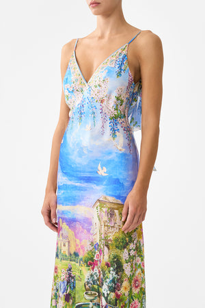 V NECK BIAS SLIP DRESS WITH BACK FRILL