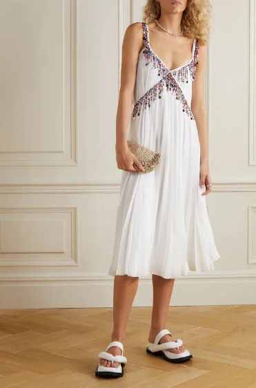 Pleated Bead-Embellished Georgette Mini Dress