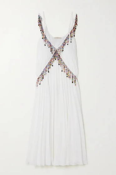 Pleated Bead-Embellished Georgette Mini Dress
