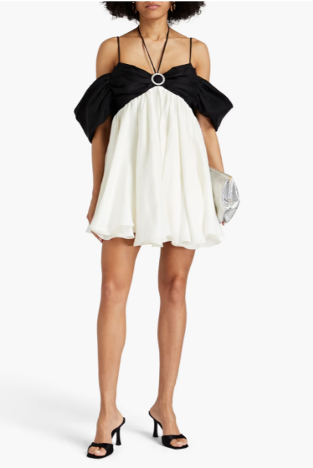 Cold-Should Embellished Two-Tone Linen-Blend Mini Dress (white)