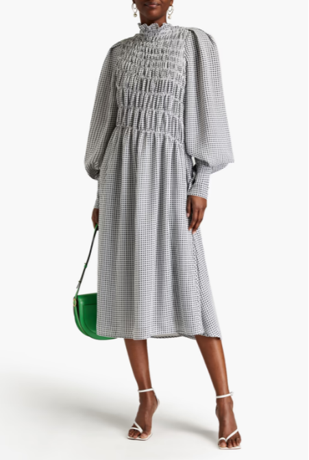 Shirred Gingham Seersucker Midi Dress