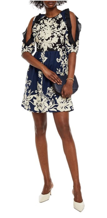 Cold-Shoulder Printed Cotton-Poplin Mini Dress