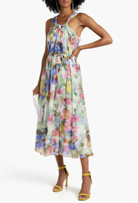Gathered Floral-print Chiffon Midi Dress