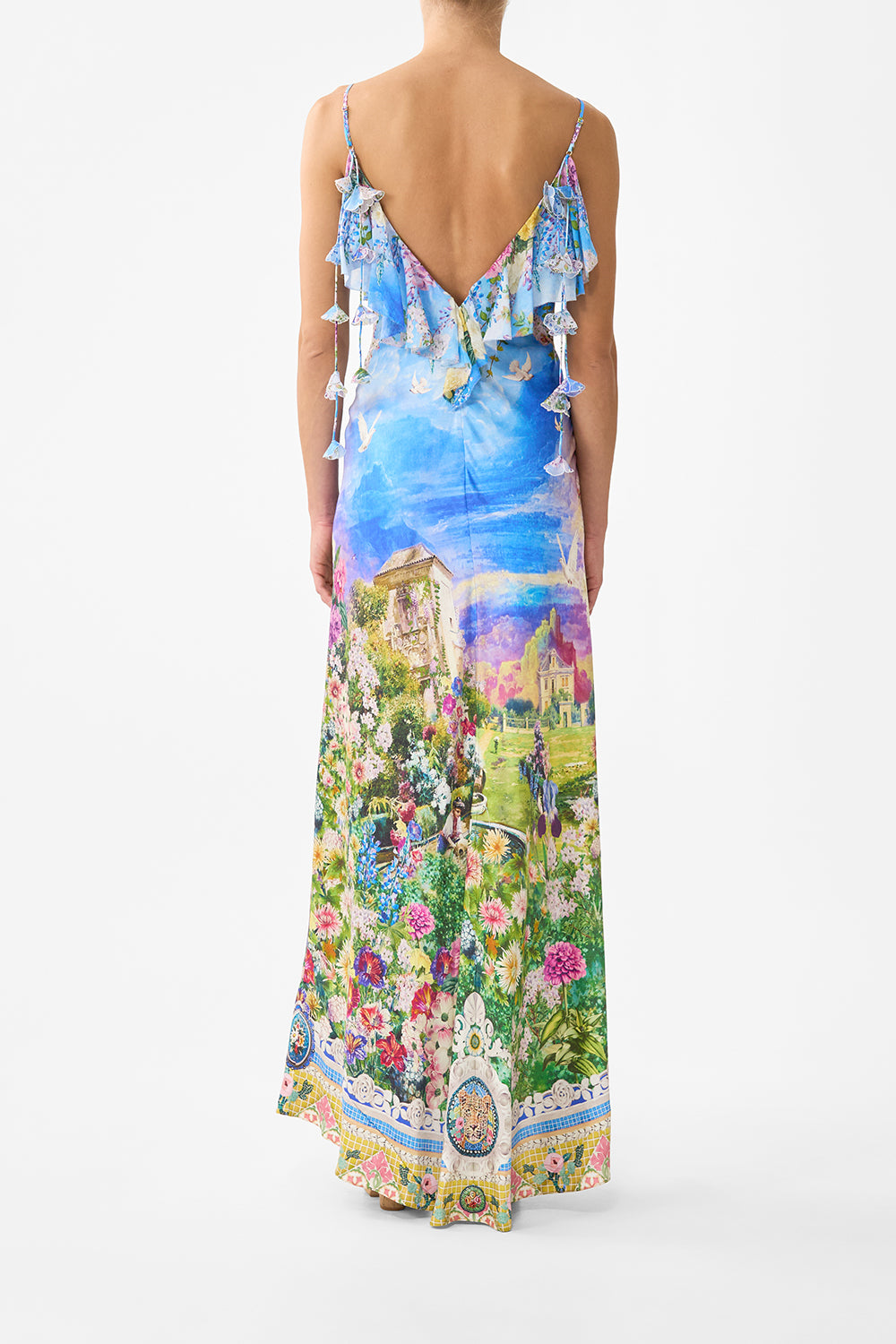 V NECK BIAS SLIP DRESS WITH BACK FRILL