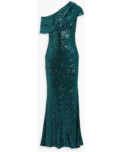 One-Shoulder Draped Sequined Tulle Gown
