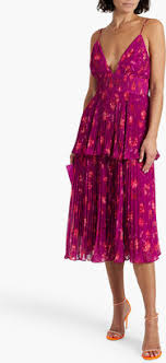 Pleated Tiered Crepe de Chine Midi Dress