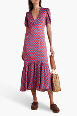 Ester Gathered Floral-Print Satin Midi Dress