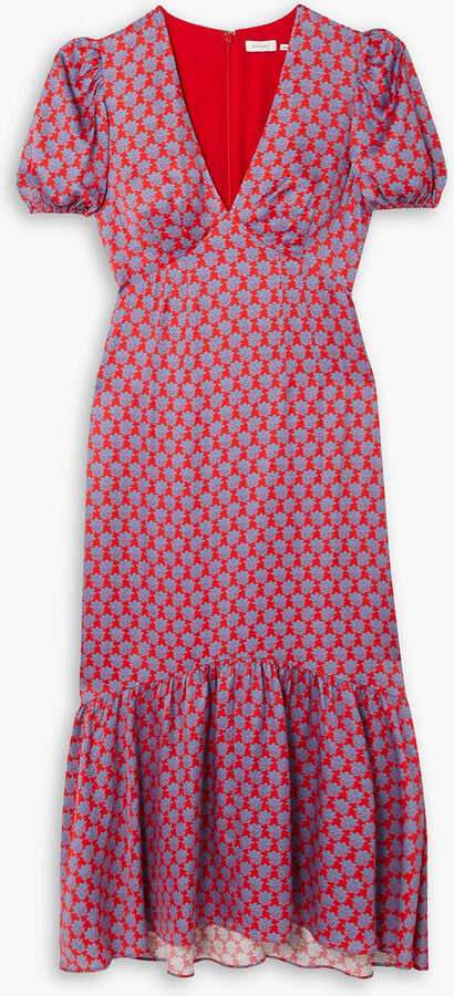 Ester Gathered Floral-Print Satin Midi Dress