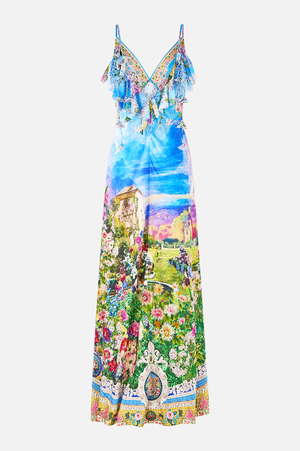 V NECK BIAS SLIP DRESS WITH BACK FRILL
