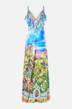V NECK BIAS SLIP DRESS WITH BACK FRILL