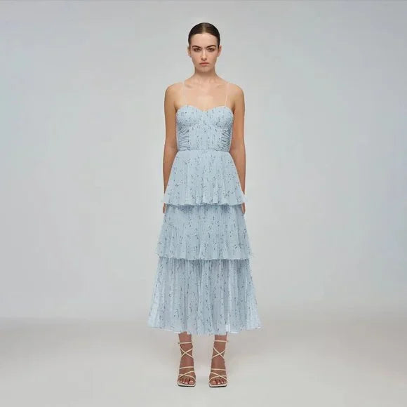 Metallic Floral Tiered Midi Dress