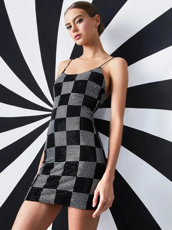 Nelle Embellished Checkerboard Mini Dress