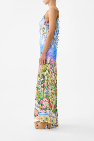 V NECK BIAS SLIP DRESS WITH BACK FRILL